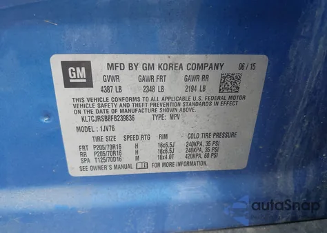 2015 Chevrolet Trax Lt from USA, damaged, VIN KL7CJRSB8FB239836